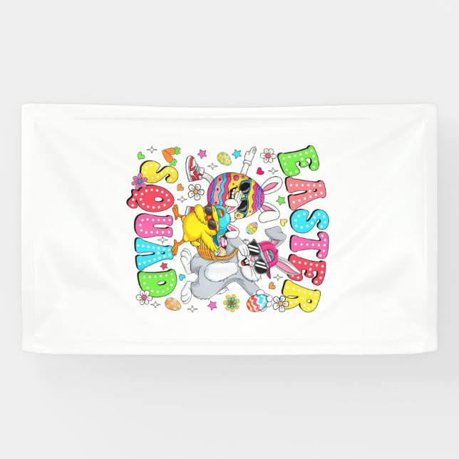 Groovy Funny Rabbit Egg Chick Easter Squad Day Men Banner (Horizontal)