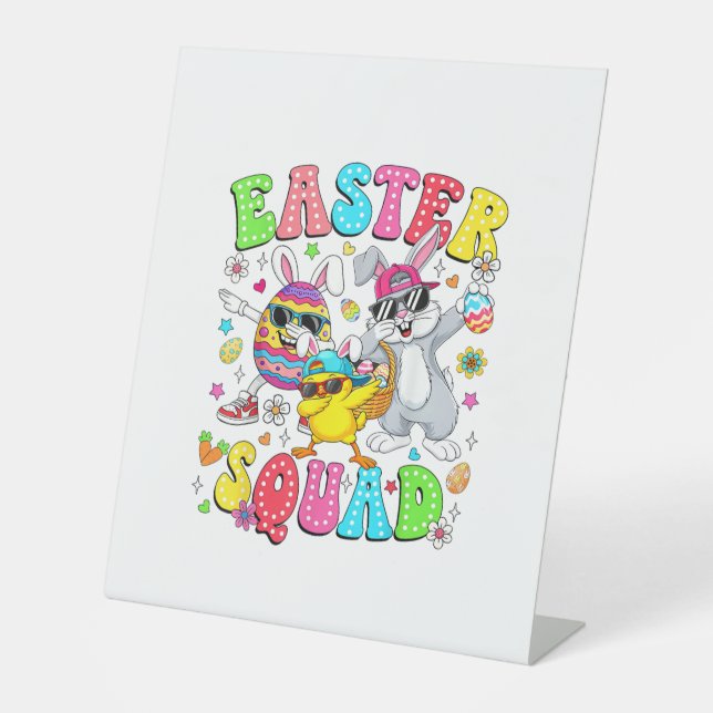 Groovy Funny Rabbit Egg Chick Easter Squad Day Men Pedestal Sign (Front)