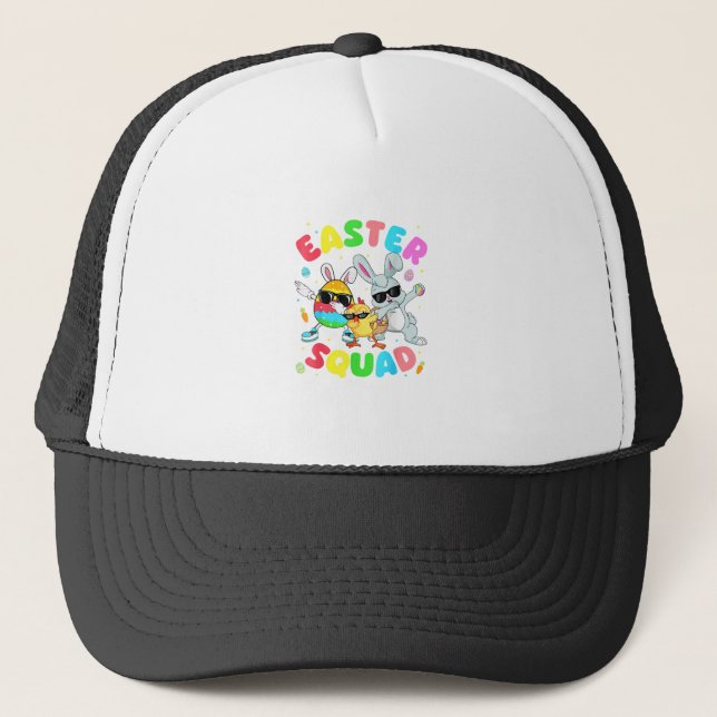 Groovy Funny Rabbit Egg Chick Easter Squad Day Men Trucker Hat (Front)