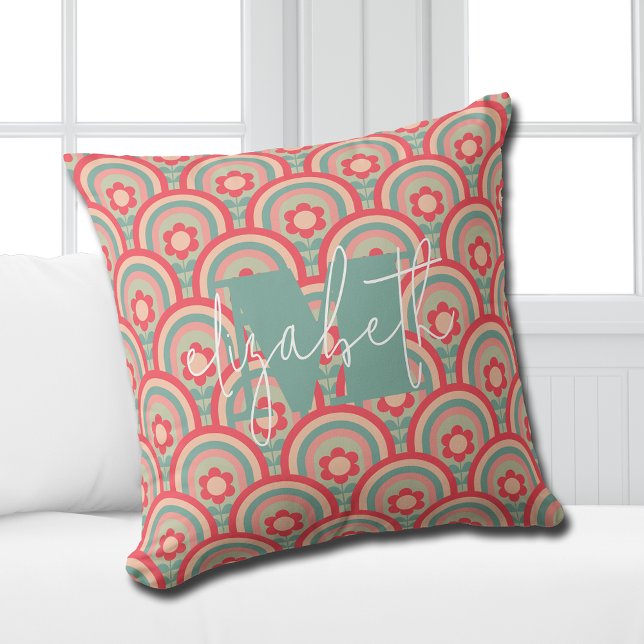 Groovy Geometric Floral Cushion (Personalized or leave customization blank to remove monogram.)