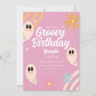 Groovy Ghost Floral Retro Halloween Party Pink Invitation