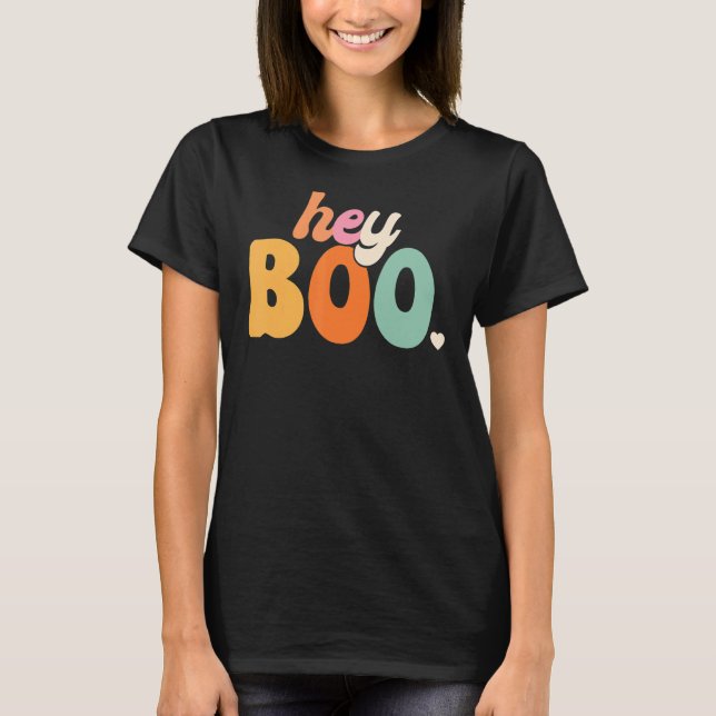 Groovy Ghost Halloween Pumpkin Face Hey Boo Trendy T-Shirt (Front)
