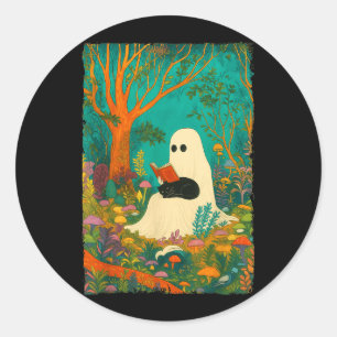Groovy Ghost Reading Book Black Cat Halloween Classic Round Sticker