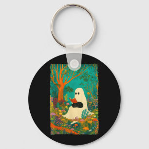 Groovy Ghost Reading Book Black Cat Halloween Key Ring