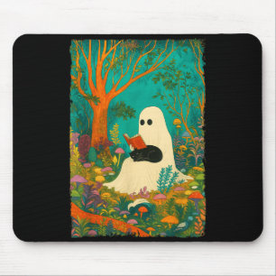 Groovy Ghost Reading Book Black Cat Halloween Mouse Pad