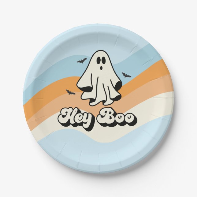 groovy Ghost retro Halloween Hey Boo Spooky Paper Plate (Front)