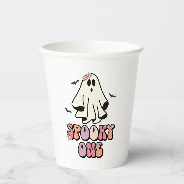groovy Ghost retro Halloween Spooky One Birthday Paper Cups (Front)