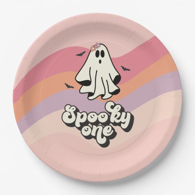 groovy Ghost retro Halloween Spooky One Birthday Paper Plate (Front)