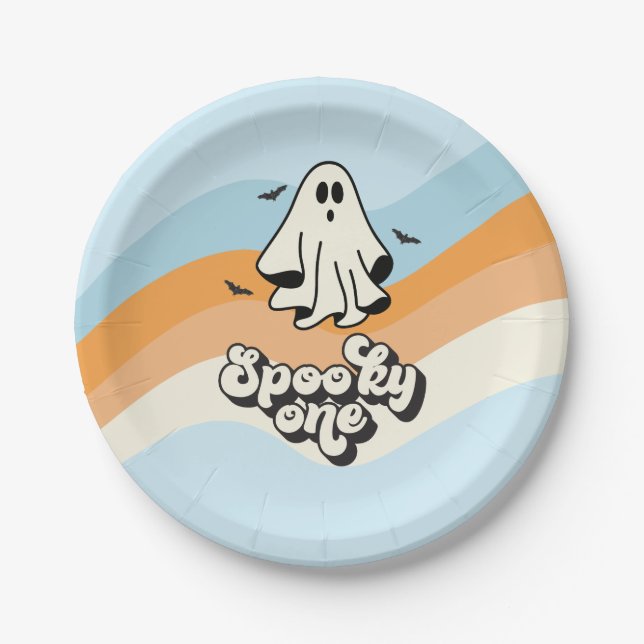 groovy Ghost retro Halloween Spooky One Blue Paper Plate (Front)