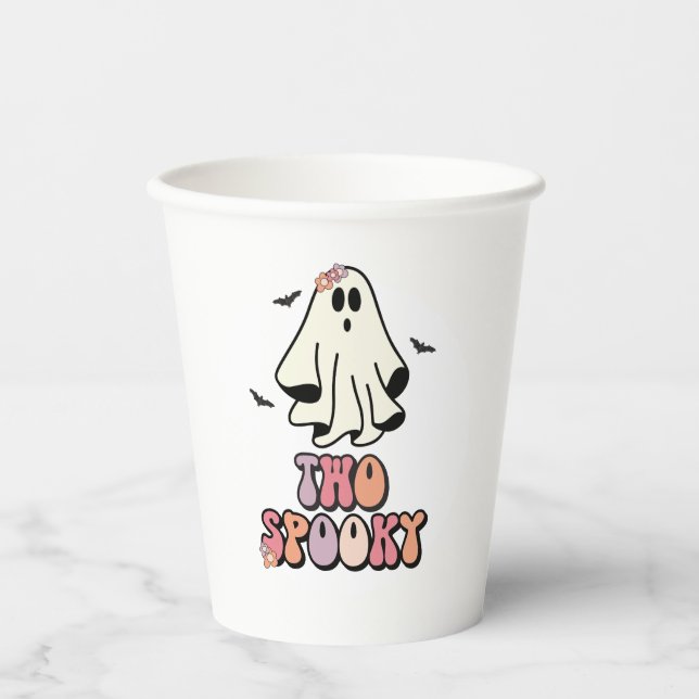 groovy Ghost retro Halloween Two Spooky Birthday Paper Cups (Front)