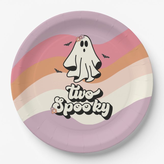 groovy Ghost retro Halloween Two Spooky Birthday Paper Plate (Front)