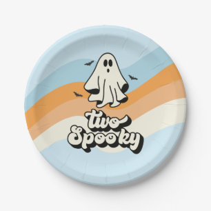 groovy Ghost retro Halloween Two Spooky blue Paper Plate