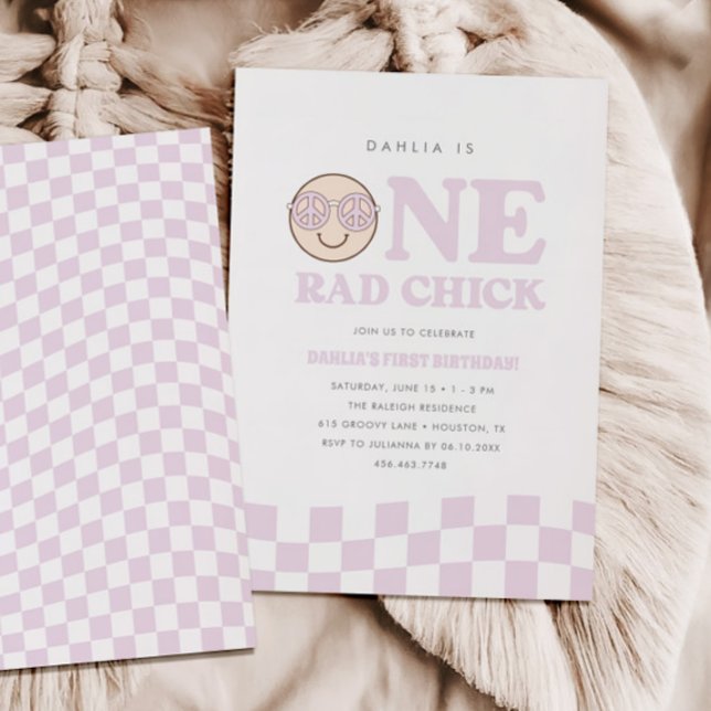 Groovy Girl Chequered Happy Face | 1st Birthday Invitation (Creator Uploaded)