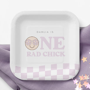 Groovy Girl Chequered Happy Face   1st Birthday Paper Plate