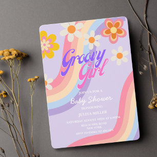 Groovy Girl  Retro Rainbow baby girl shower Invitation