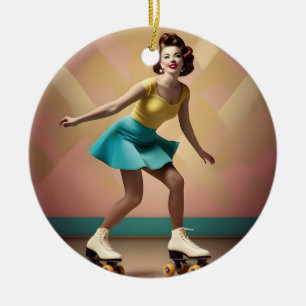 "Groovy Glide: Retro Rhythms on Skate Wheels" Ceramic Ornament