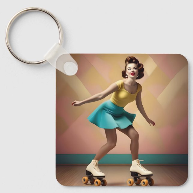 "Groovy Glide: Retro Rhythms on Skate Wheels" Key Ring (Front)