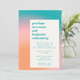 Groovy Gradient Teal Pink Orange Abstract Wedding Invitation
