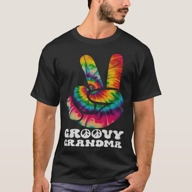 Groovy Grandma Hand Peace Sign Hippie Tie Dye T-Shirt (Front)