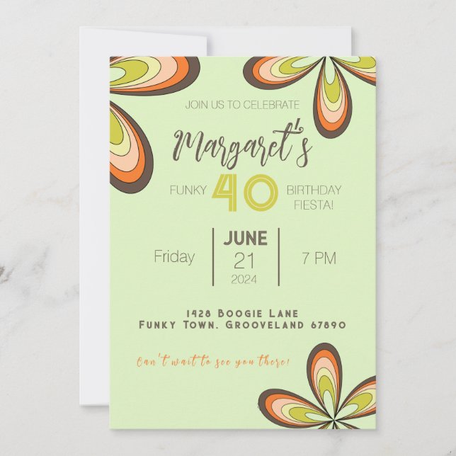 Groovy Green 40 Birthday Party 70s Hippie Flower  Invitation (Front)