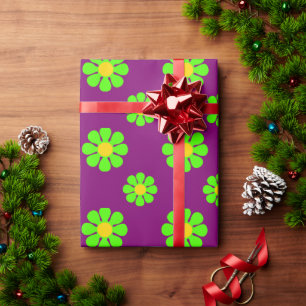 Groovy Green Flowers on Purple Background Wrapping Paper