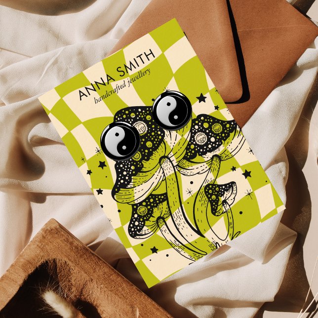 Groovy Green Mushroom Trippy Retro Earring Display Business Card (Creator Uploaded)
