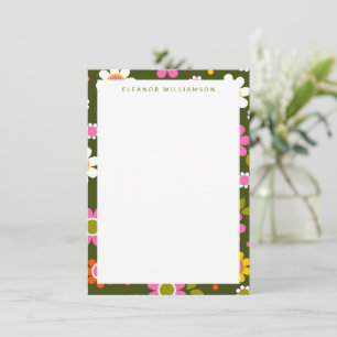 Groovy Green Retro Flowers Personalised Stationery Card