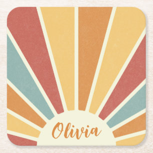 Groovy grunge retro style sunshine design square paper coaster