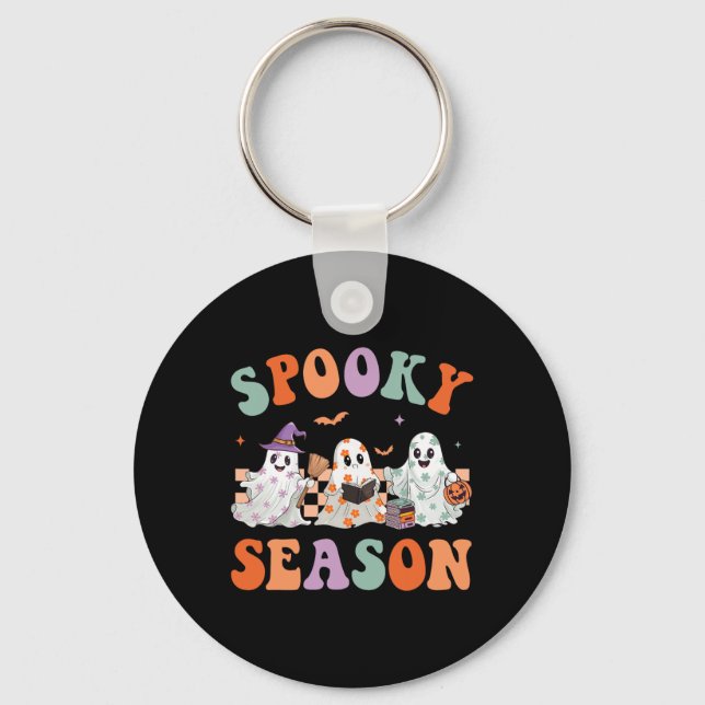 Groovy Halloween Cute Floral Ghost Spooky Season W Key Ring (Front)