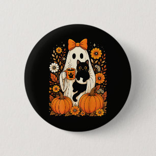 Groovy Halloween Ghost Holding Black Cat Floral 6 Cm Round Badge