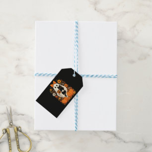 Groovy Halloween Ghost Holding Black Cat Floral Gift Tags