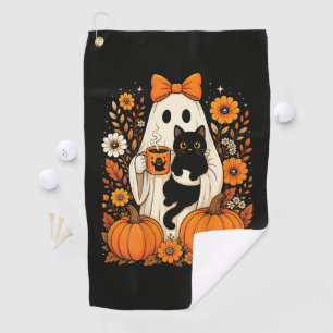 Groovy Halloween Ghost Holding Black Cat Floral Golf Towel