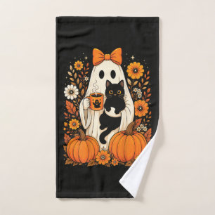 Groovy Halloween Ghost Holding Black Cat Floral Hand Towel