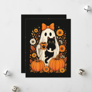 Groovy Halloween Ghost Holding Black Cat Floral Holiday Card