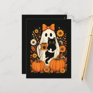 Groovy Halloween Ghost Holding Black Cat Floral Holiday Postcard