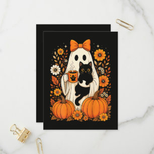 Groovy Halloween Ghost Holding Black Cat Floral Invitation Postcard
