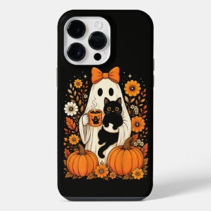 Groovy Halloween Ghost Holding Black Cat Floral iPhone 14 Pro Max Case