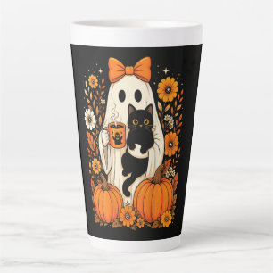 Groovy Halloween Ghost Holding Black Cat Floral Latte Mug