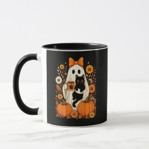 Groovy Halloween Ghost Holding Black Cat Floral Mug