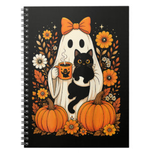 Groovy Halloween Ghost Holding Black Cat Floral Notebook