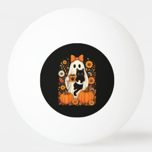 Groovy Halloween Ghost Holding Black Cat Floral Ping Pong Ball