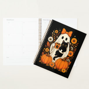 Groovy Halloween Ghost Holding Black Cat Floral Planner
