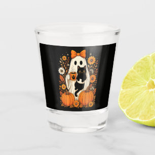 Groovy Halloween Ghost Holding Black Cat Floral Shot Glass