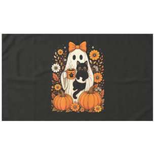 Groovy Halloween Ghost Holding Black Cat Floral Tablecloth