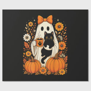 Groovy Halloween Ghost Holding Black Cat Floral Wrapping Paper
