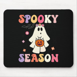 Groovy Halloween Ghost Holding Pumpkin Spooky Seas Mouse Pad