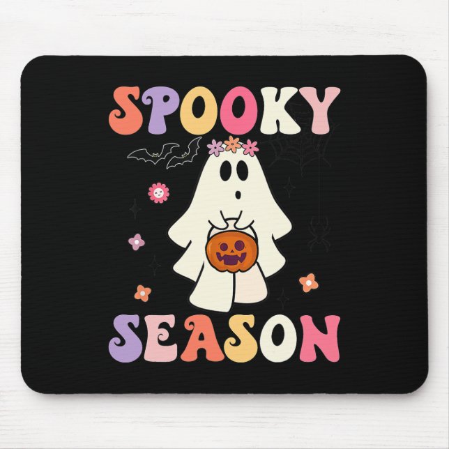 Groovy Halloween Ghost Holding Pumpkin Spooky Seas Mouse Pad (Front)