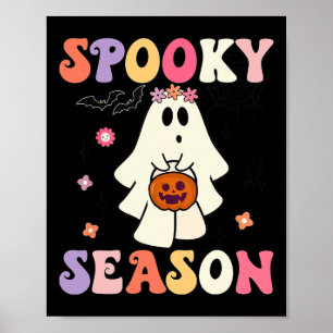 Groovy Halloween Ghost Holding Pumpkin Spooky Seas Poster