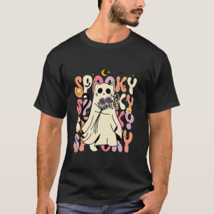 Groovy Halloween Retro Floral Spooky Black Cat Gho T-Shirt