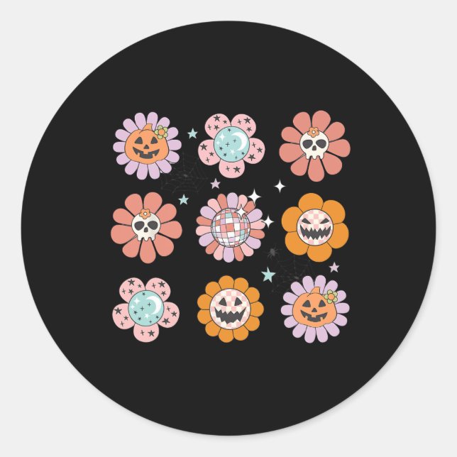 Groovy Halloween Smile Face Disco Retro Pumpkin Sk Classic Round Sticker (Front)